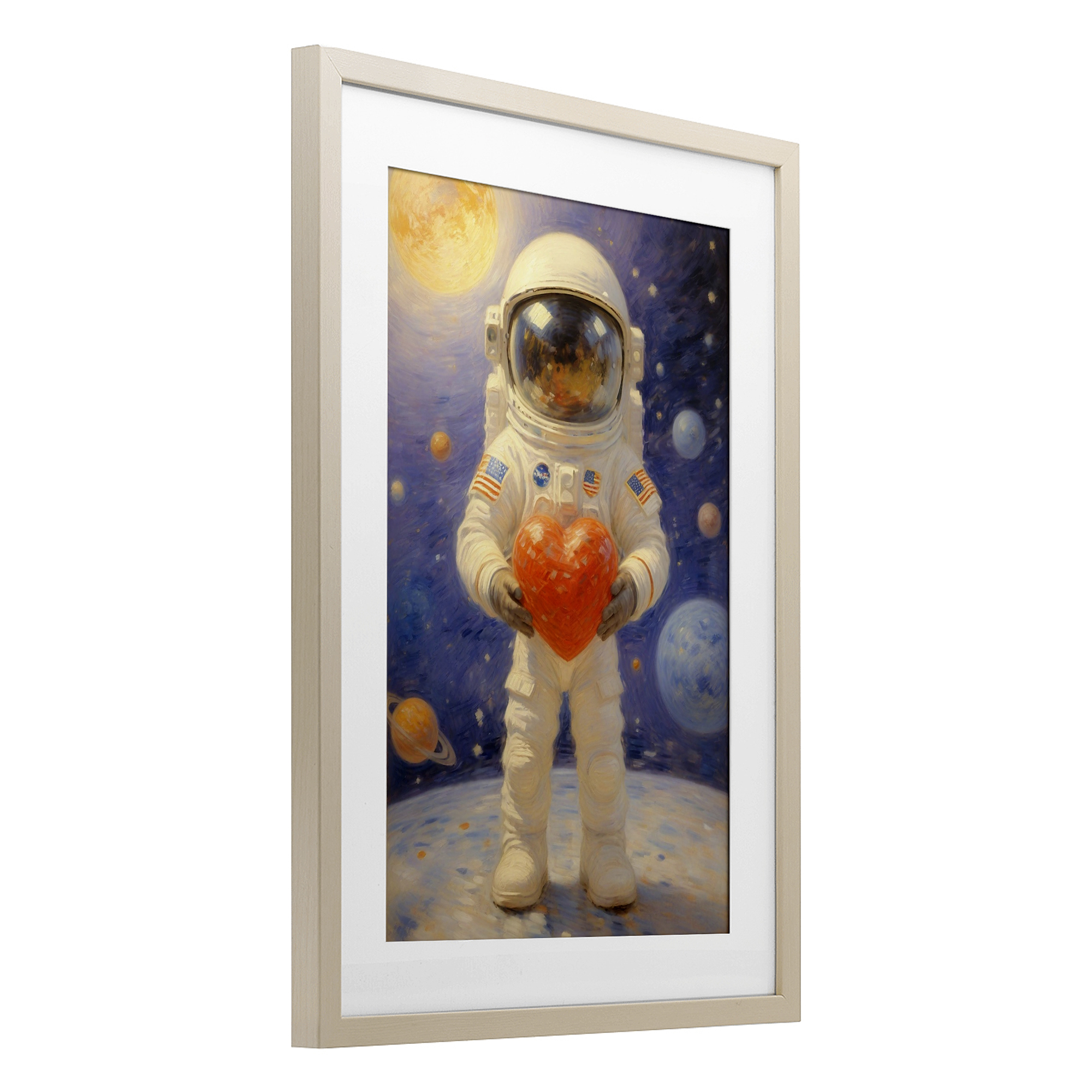 Astronaut Holding Heart Birch Framed Print Under Glass, design by Angie Hawke