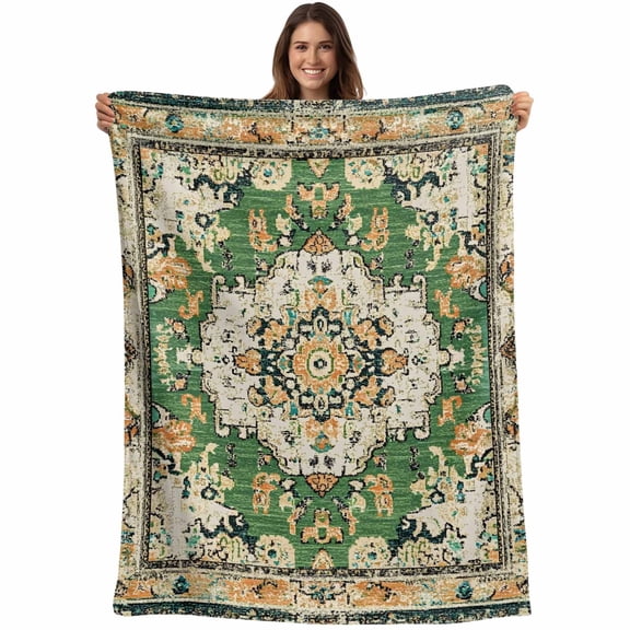 Flannel Fleece Throw Blanket Green Bohemian Ethnic Western Lightweight Soft Plush Blankets,Vintage Native Tribal Cozy Warm Throw Blanket for Couch Sofa Bed Car Office 40x50in