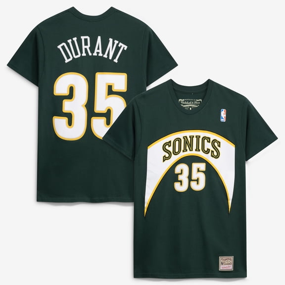 Men's Mitchell & Ness Kevin Durant Green Seattle SuperSonics Hardwood Classics Stitch Name & Number T-Shirt