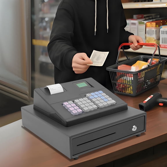 39 Keys Electronic Cash Register, Cash Register with Drawer & 2 Keys POS Bill Coins System for Small Businesses, Retailers, Supermarkets (Black)