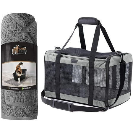 Gorilla Grip 100% Waterproof Cat Litter Box Trapping Mat and Airline Travel Cat Carrier Bag  32x32 Textured Easy Clean Soft on Paw Cat Mat  Breathable Mesh Pet Travel Bag  Both Gray  2 Item Bundle