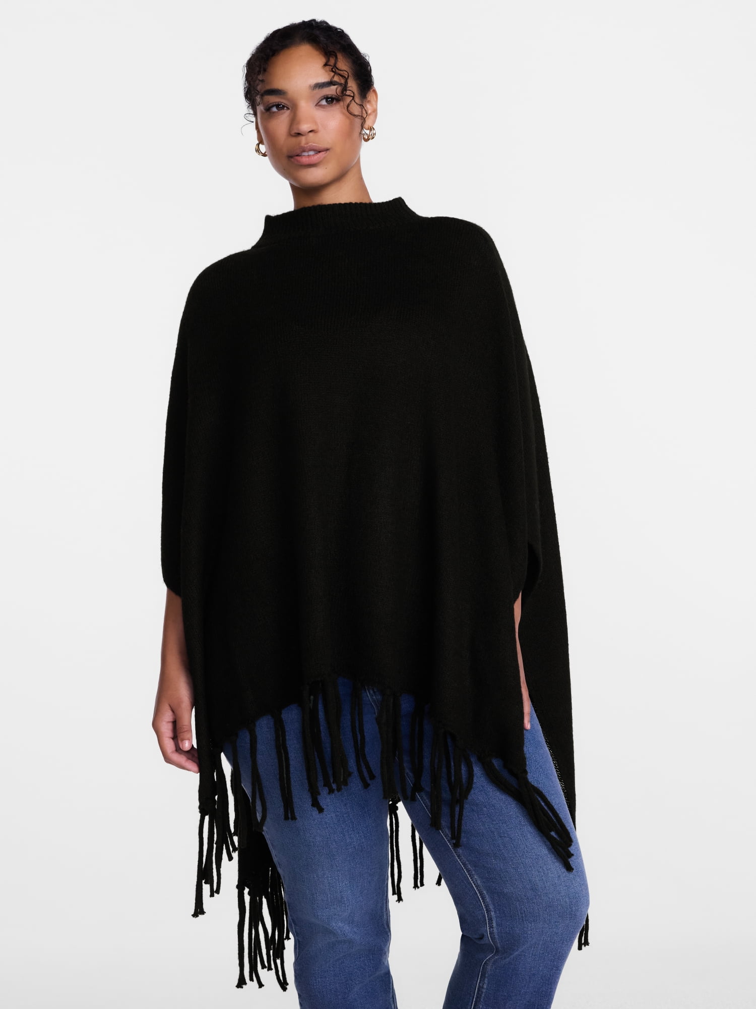 Scenario Women's Mock Neck Fringe Poncho, Sizes S-XL