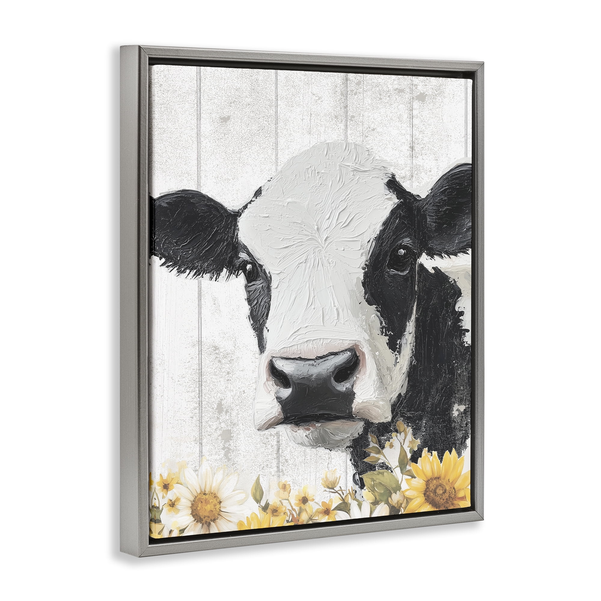 Stupell Industries Cow and Sunflowers Gray Framed Floater Canvas Wall Art, design by Christine Simpson Art