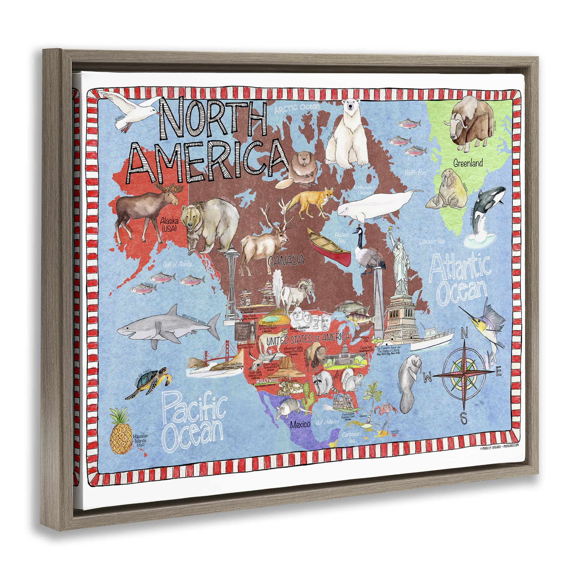 Stupell Industries North America Map Town & City Painting Brown Floater Framed Art Print Wall Art, 21 x 17