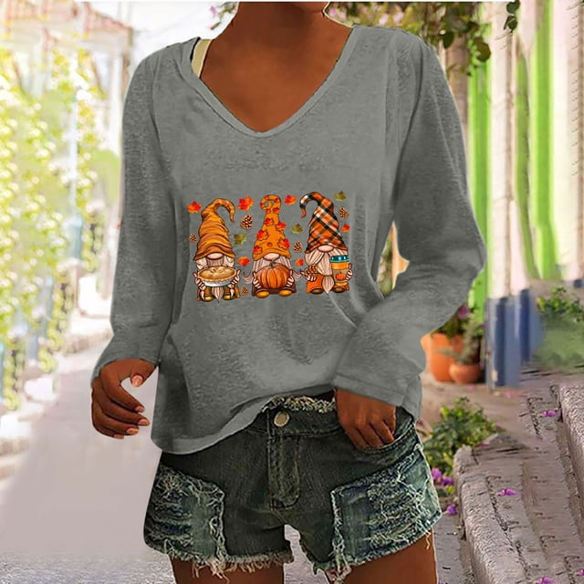 Pntutb Mujeres Casual Imprimir suelta manga larga con cuello en V tops Pntutb Pntutb-6417