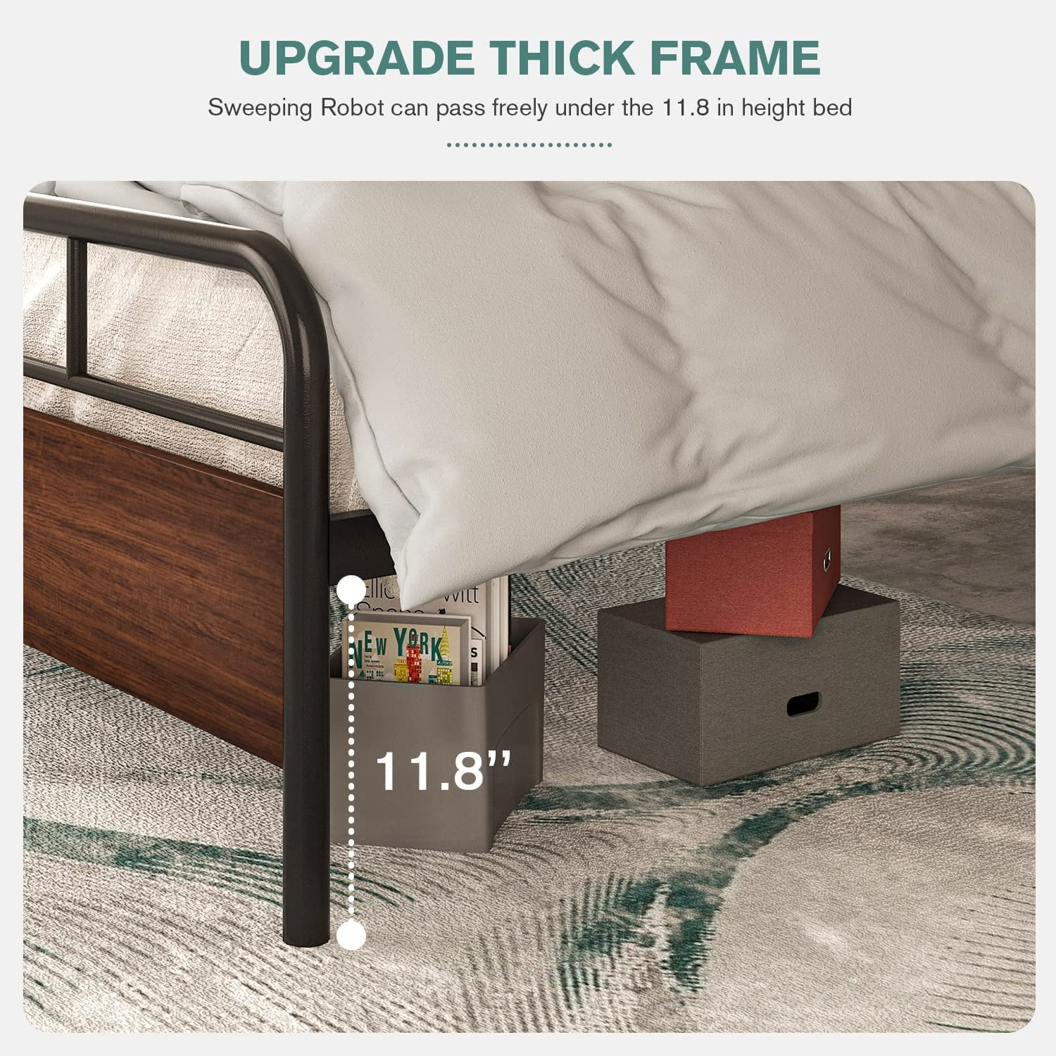 Allewie Walnut Queen Size Metal Platform Bed Frame with Wooden Headboard, Noise free