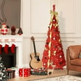 thumbnail image 5 of imerelez 6 Feet Artificial Pop Up Christmas Tree w/ 2 Red & Golden Ribbon, 300 LED Lights, Foldable, Pre-Hinged, with Green Plastic Stand, for Indoor, Office, Party, Holiday Decoration, 5 of 7