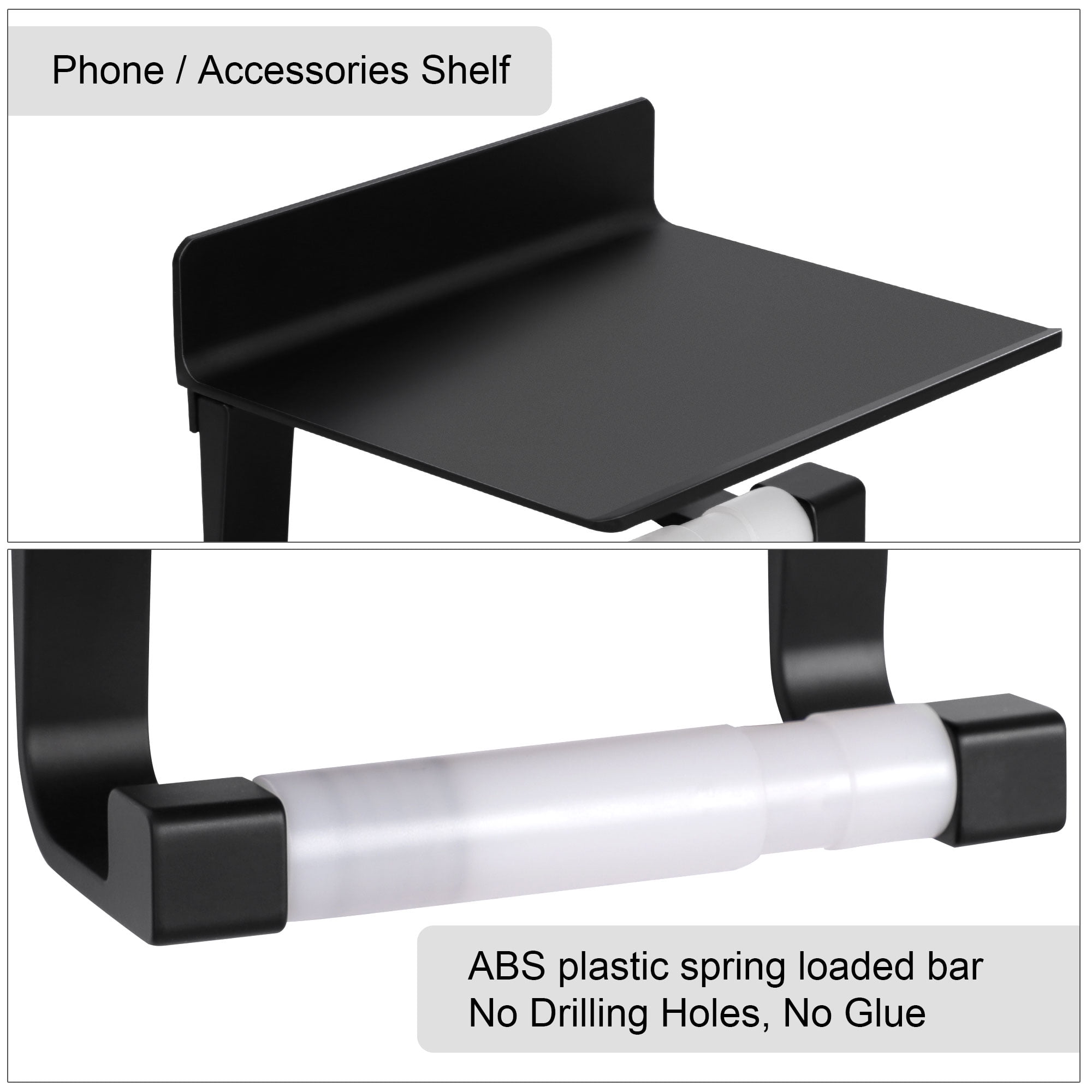Unique Bargains Toilet Paper Holder with Phone Shelf No Drilling Bathroom Tissue Holder Black