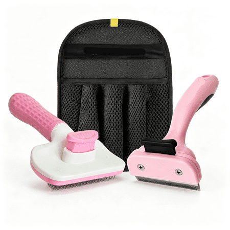 ACDANC Pet Hair Removal Glove & Dog Brush for Shedding Bundle – Dog Hair Remover Cat Hair Remover Self-Cleaning Dog Grooming Brush & Dematting Comb for Dogs Cats & Rabbits (Pink)