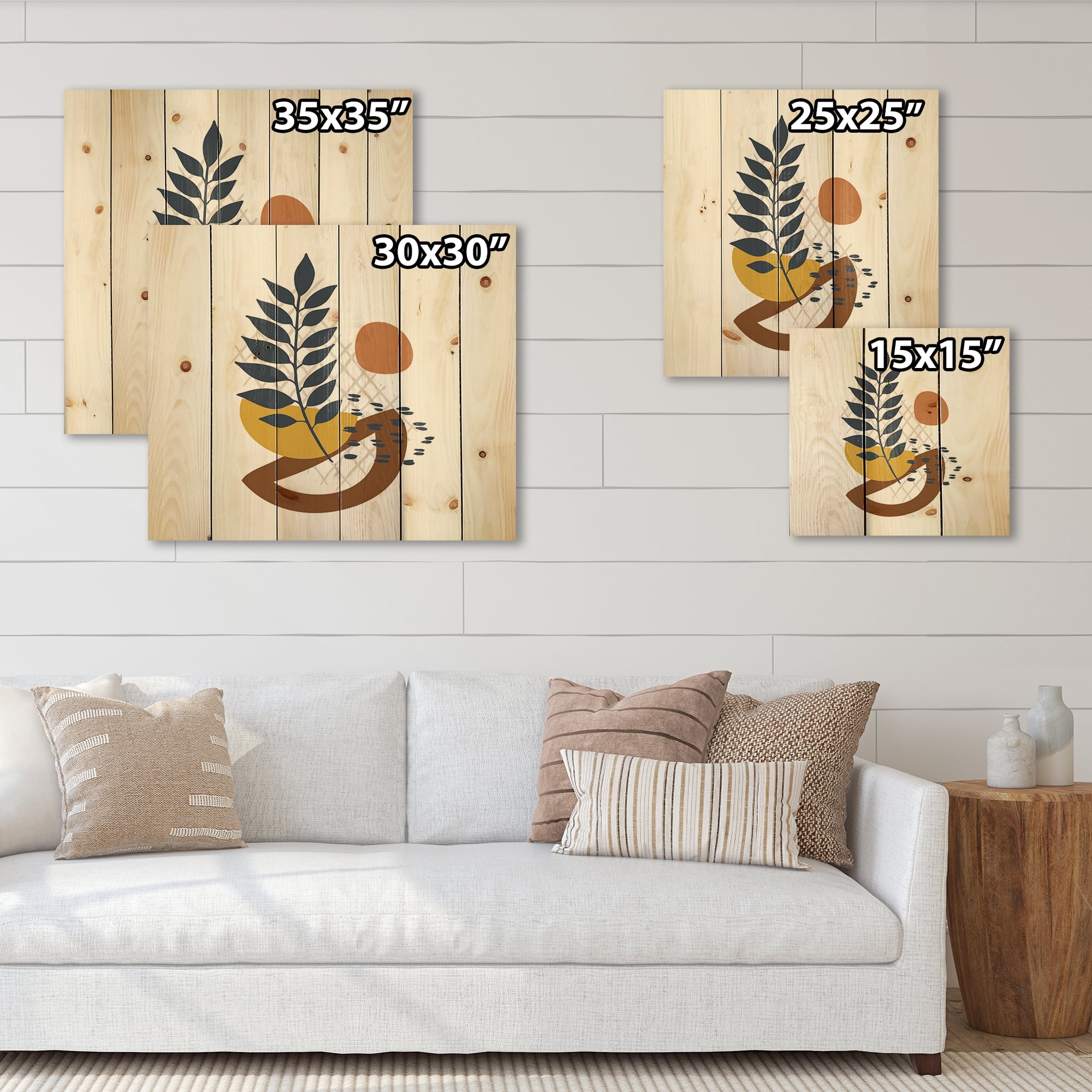 Designart 'Abstract Leaves With Elementary Shapes' Modern Print on Natural Pine Wood