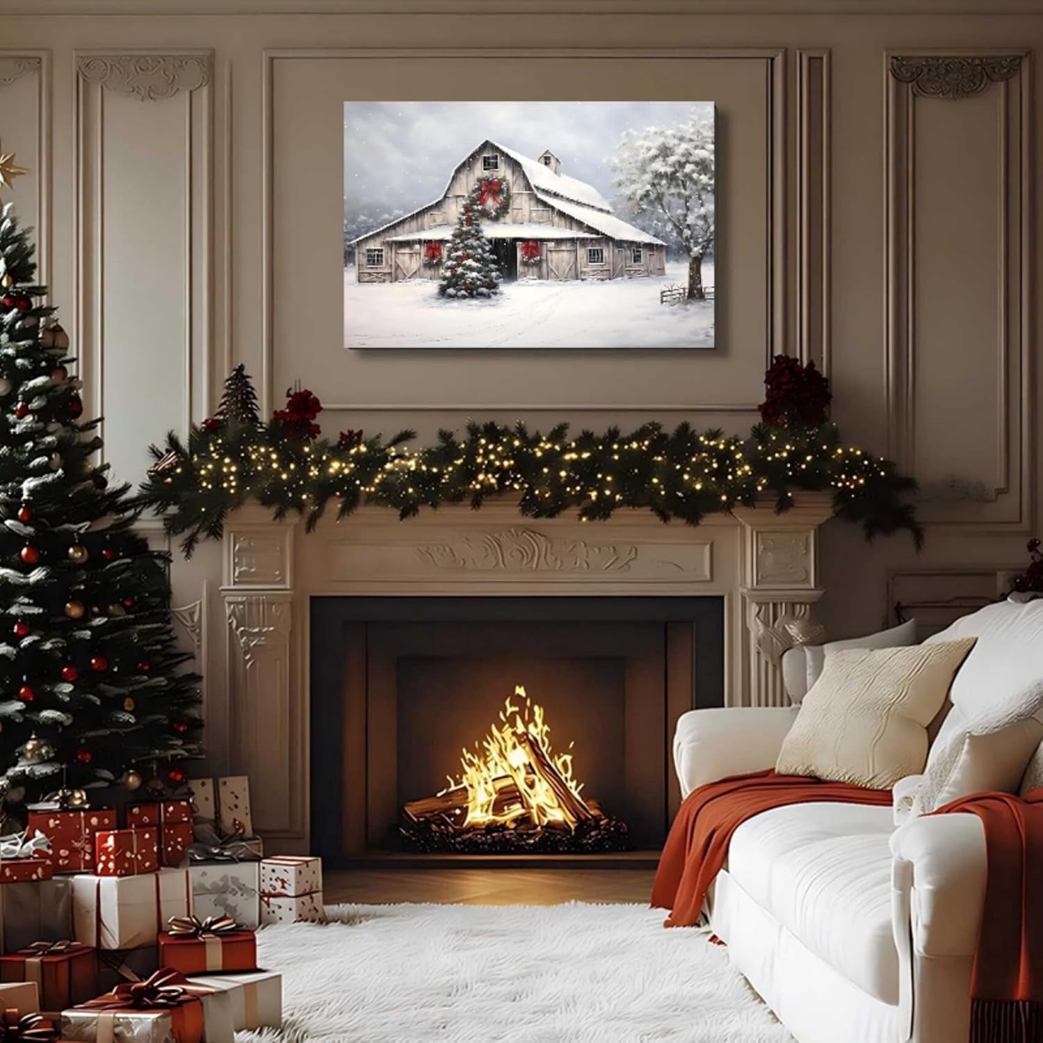 Framed Christmas Wall Art, Farmhouse Barn Pictures Wall Decor Winter snow Scene Canvas Painting Print Home Artwork Decorations for Bathroom Living Room Bedroom