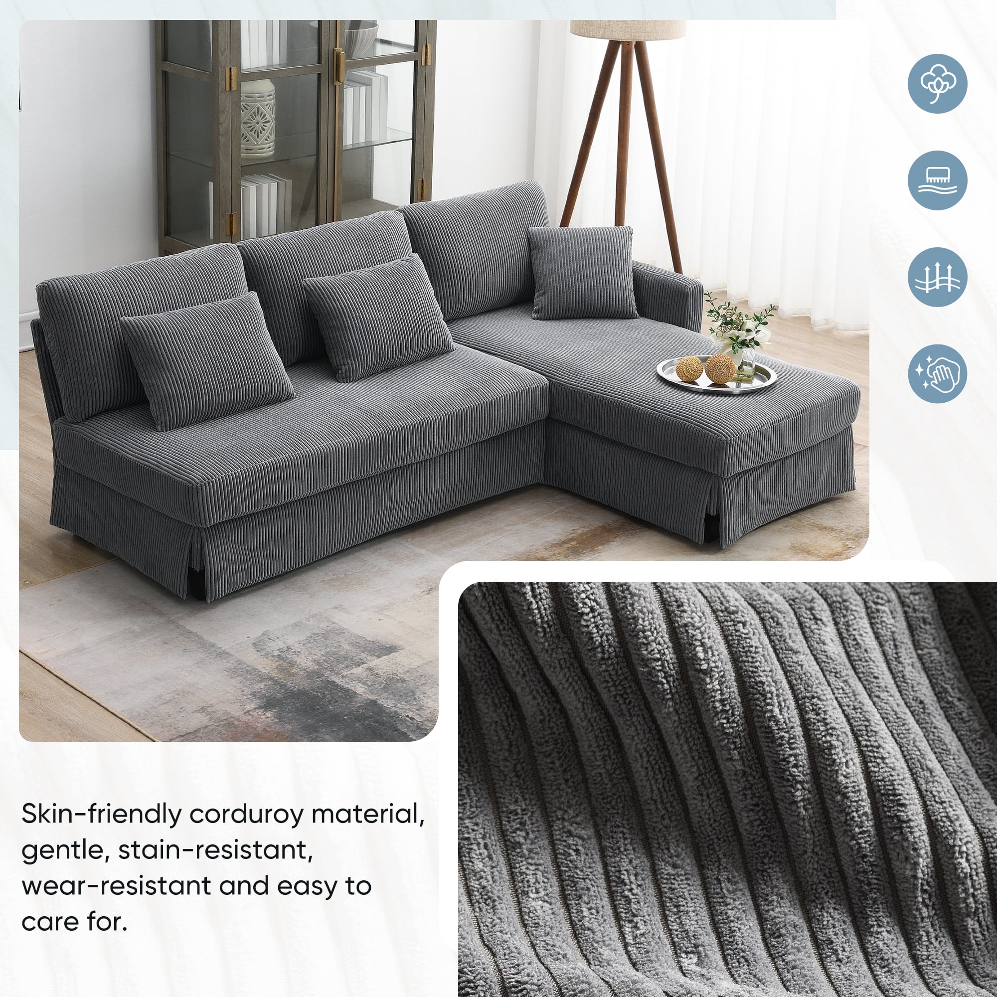 EUROCO 1300LBS 87" Modern L-shaped Sectional Sofa Couch, 4 Seat Corduroy Couch with Reversible Chaise and Pillows, Upholstered Convertible Sleeper Couch for Living Room, Apartment, Office, Gray