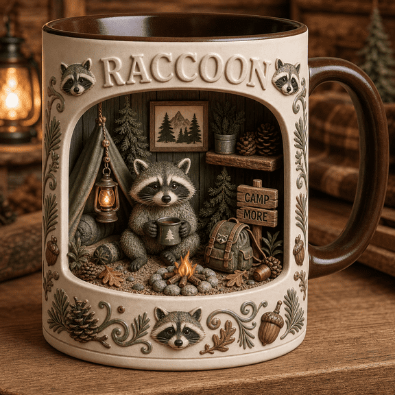 Coffee Cup Raccoon Camping Adventure Ceramic Drinkware for Campers