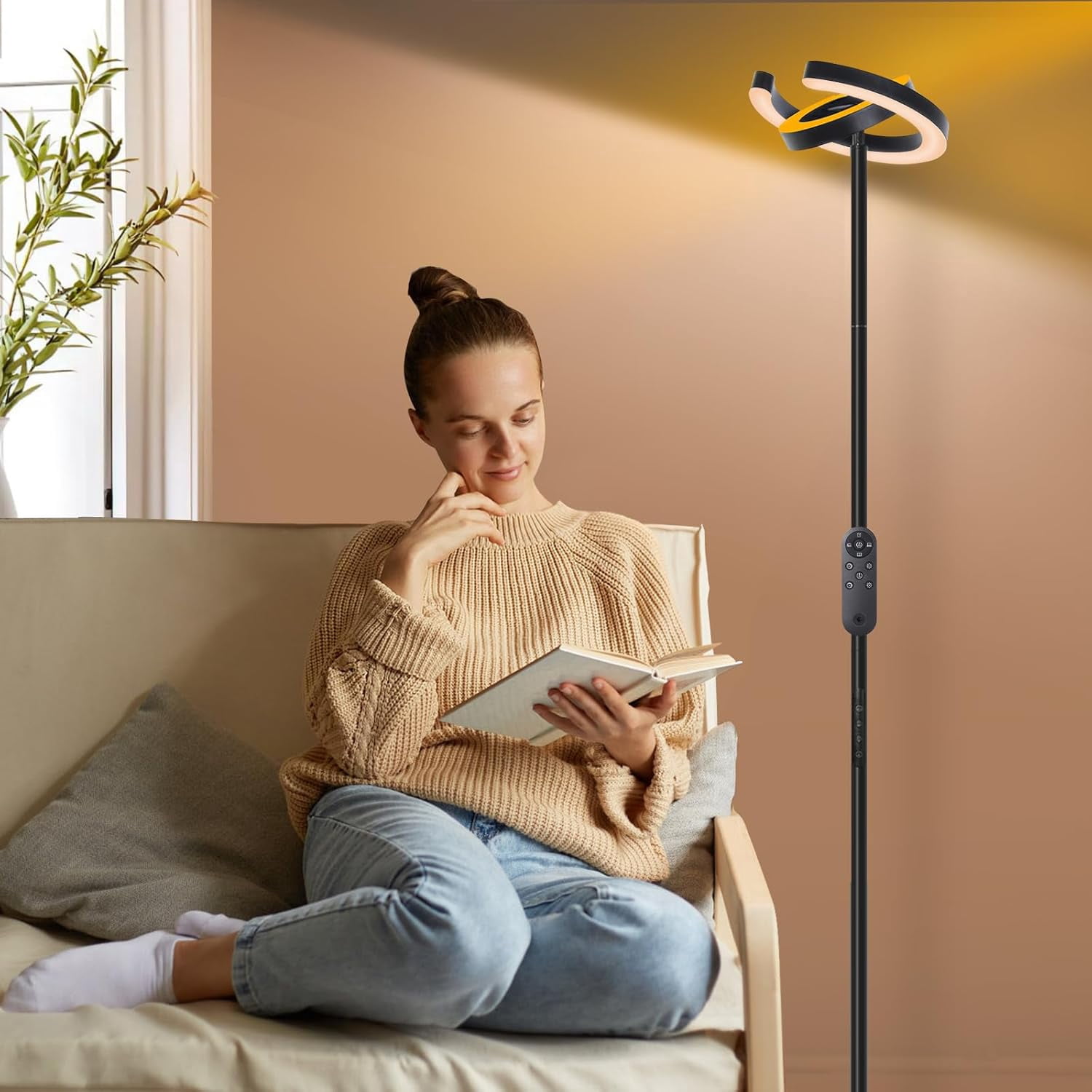 Serbasic Floor Lamp, 36W 2000LM Bright LED Floor Lamps for Living Room, 75.5" Tall Standing Lamp with Rotatable Dual C-Ring Lights, Modern Reading Lamp with Remote & Touch Control for Bedroom Office