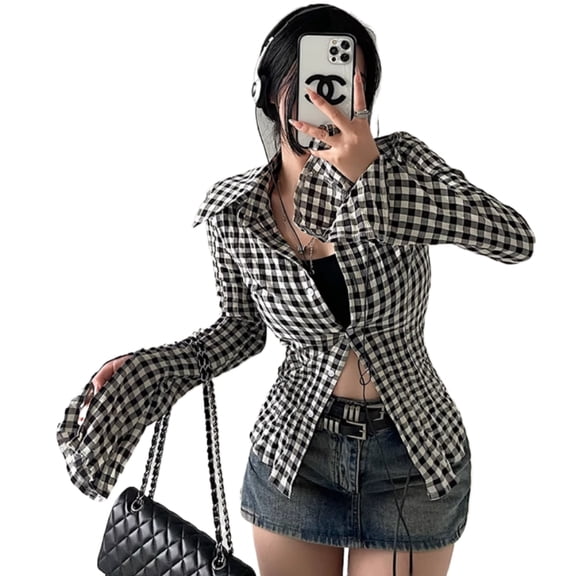 Women's Plaid Cotton Shirt, Long-sleeved Polo Collar, Open Front and Flared Sleeves