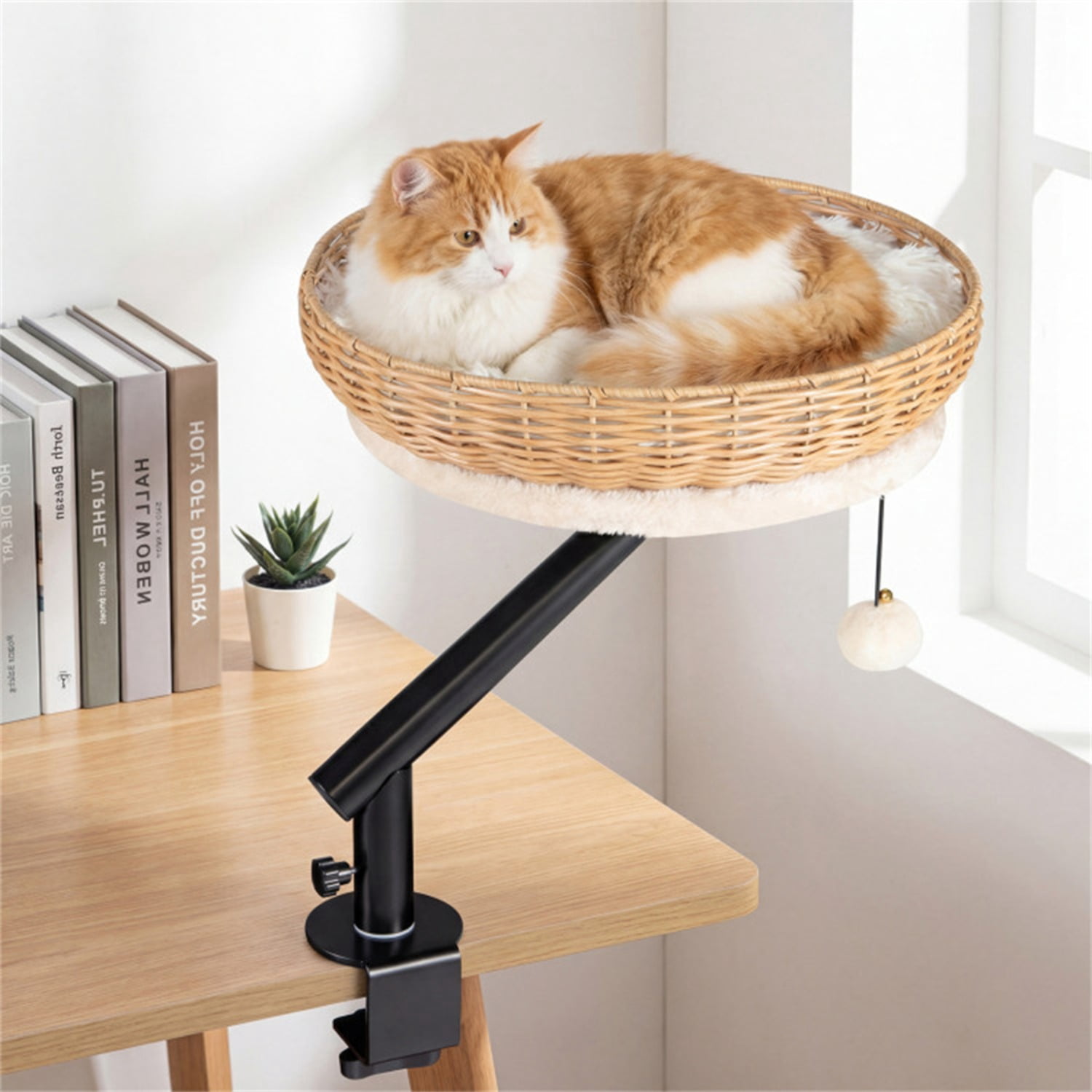 360° Rotatable Desktop Cat Bed Perch, 2-in-1 Workspace Cat Retreat with Jingling Ball (Natural + Black + White)