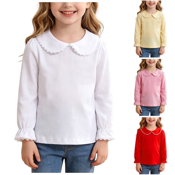 Faraee Little Girls Cotton Shirt 3 6 12 Months Long Sleeve Lace Collar Toddler School Basic Tops 2T 3T 4T 5T 6T Solid Color Ruffle Cuff Blouse,Pink