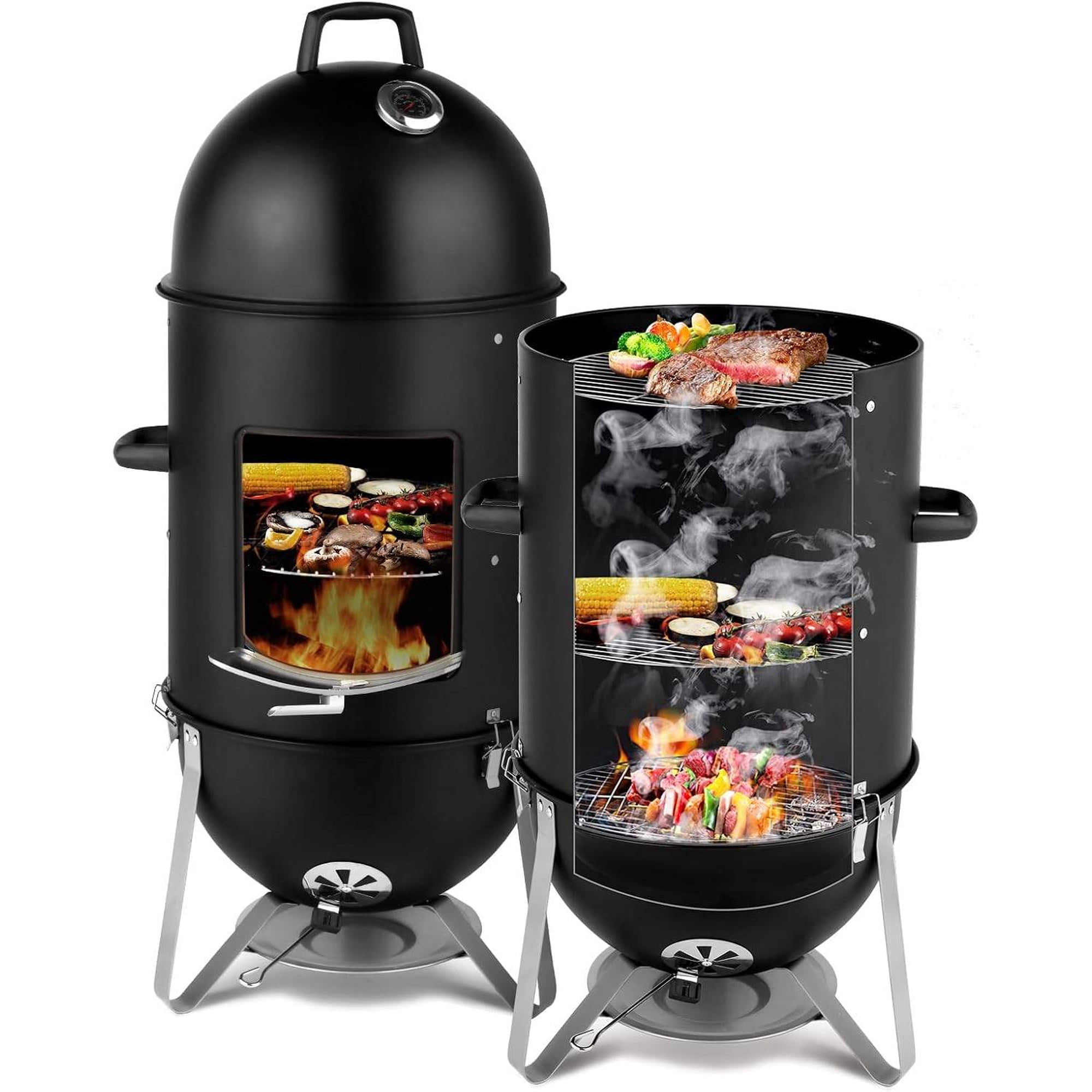 4-Tier 3-in-1 Vertical Charcoal Grill 18.8 Charcoal Smoker with -in Thermometer Air Vent and Access Doors Perfect for Outdoor Cookings Camping Picnics BBQs and Tailgating Parties