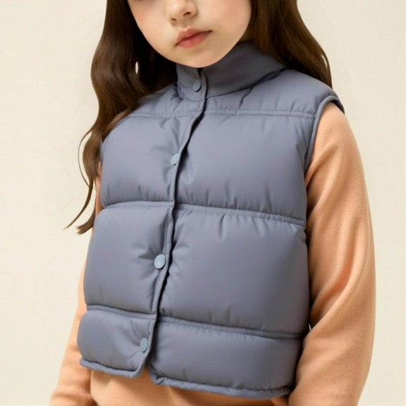 Cropped Vests for Girl Winter Warm Fashion Sleeveless Puffer Jacket Casual Button Quilted Outerwear New Girls Outerwear Jacket Gray 3-4 Years