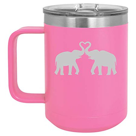 

15 oz Tumbler Coffee Mug Travel Cup With Handle & Lid Vacuum Insulated Stainless Steel Elephants Making Heart (Hot Pink)
