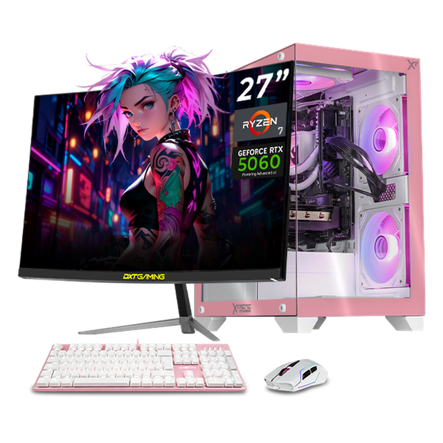PC Gamer Completa con IA Xtreme PC Gaming NVIDIA GeForce RTX 5060 AMD Ryzen 7 5700 32GB SSD 1TB Monitor Curvo 27 180Hz Sistema Liquido WIFI Pink gaming 1080p, estudios y multitarea