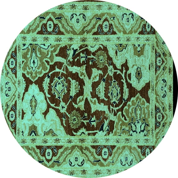Ahgly Company Machine Washable Indoor Round Oriental Turquoise Blue Industrial Area Rugs, 8' Round