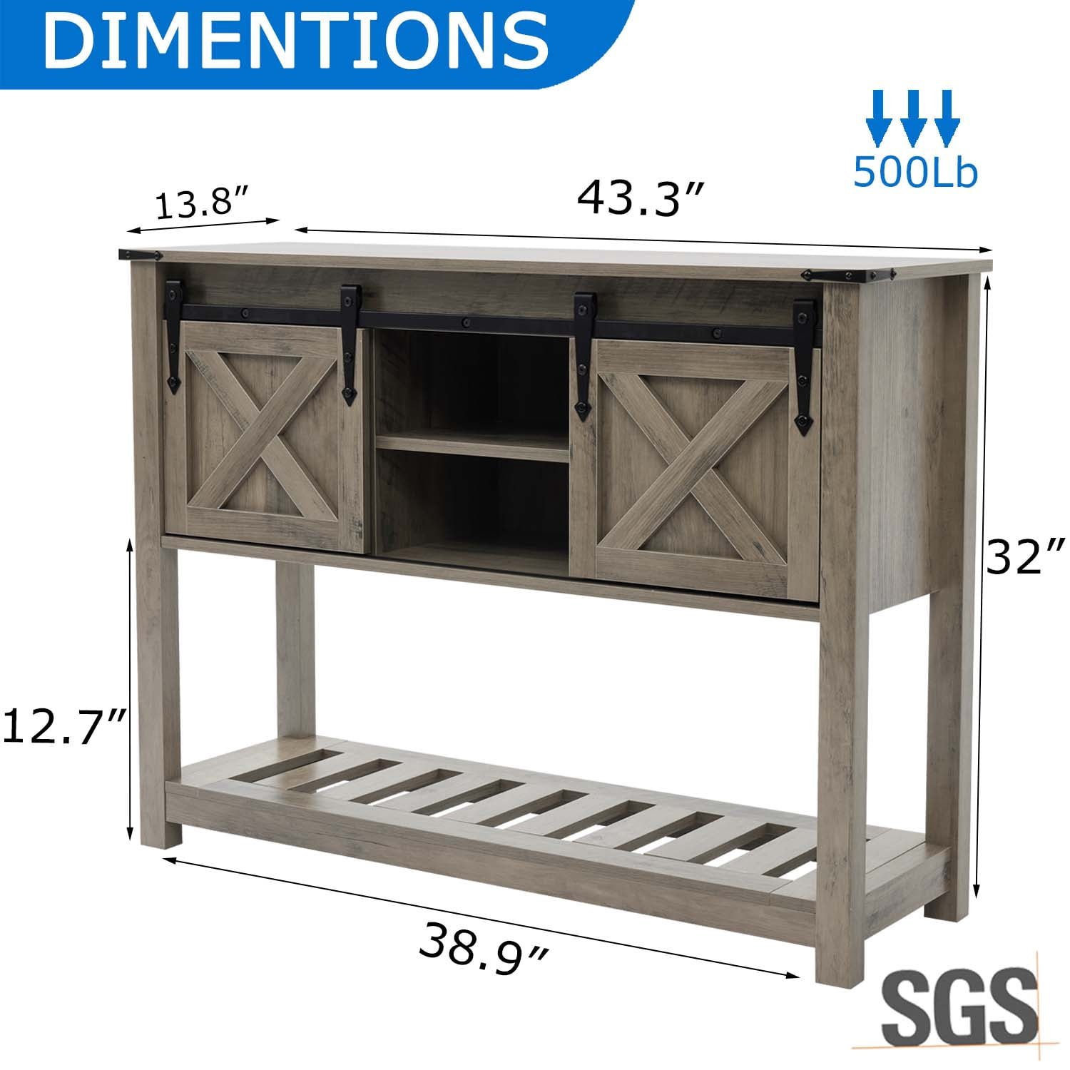Entryway Console Table with Sliding Barn Doors & Storage Shelf for Living Room, Hallway, Gray