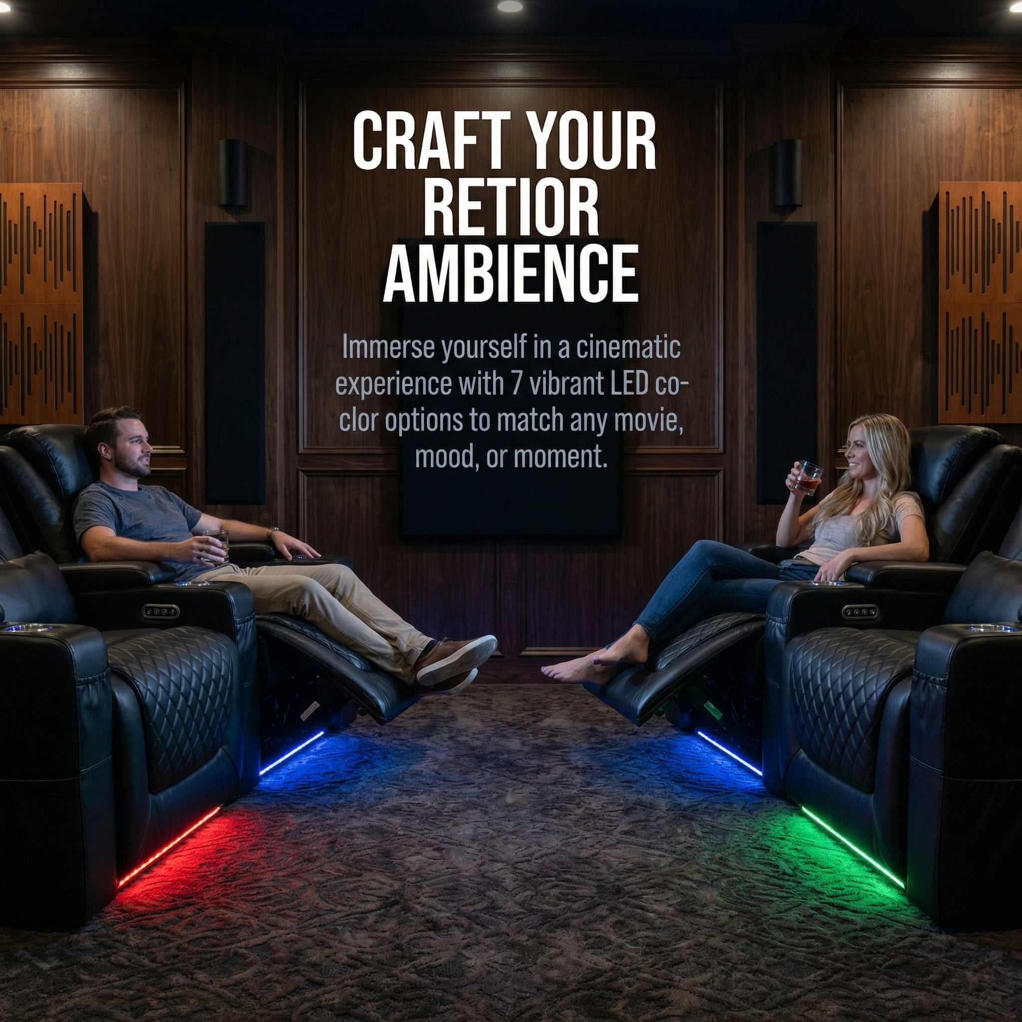 Home Theater Seating Seats, Movie Theater Chairs, Modern Recliner with Cup Holder 7 Colors Ambient Lighting ( Black)