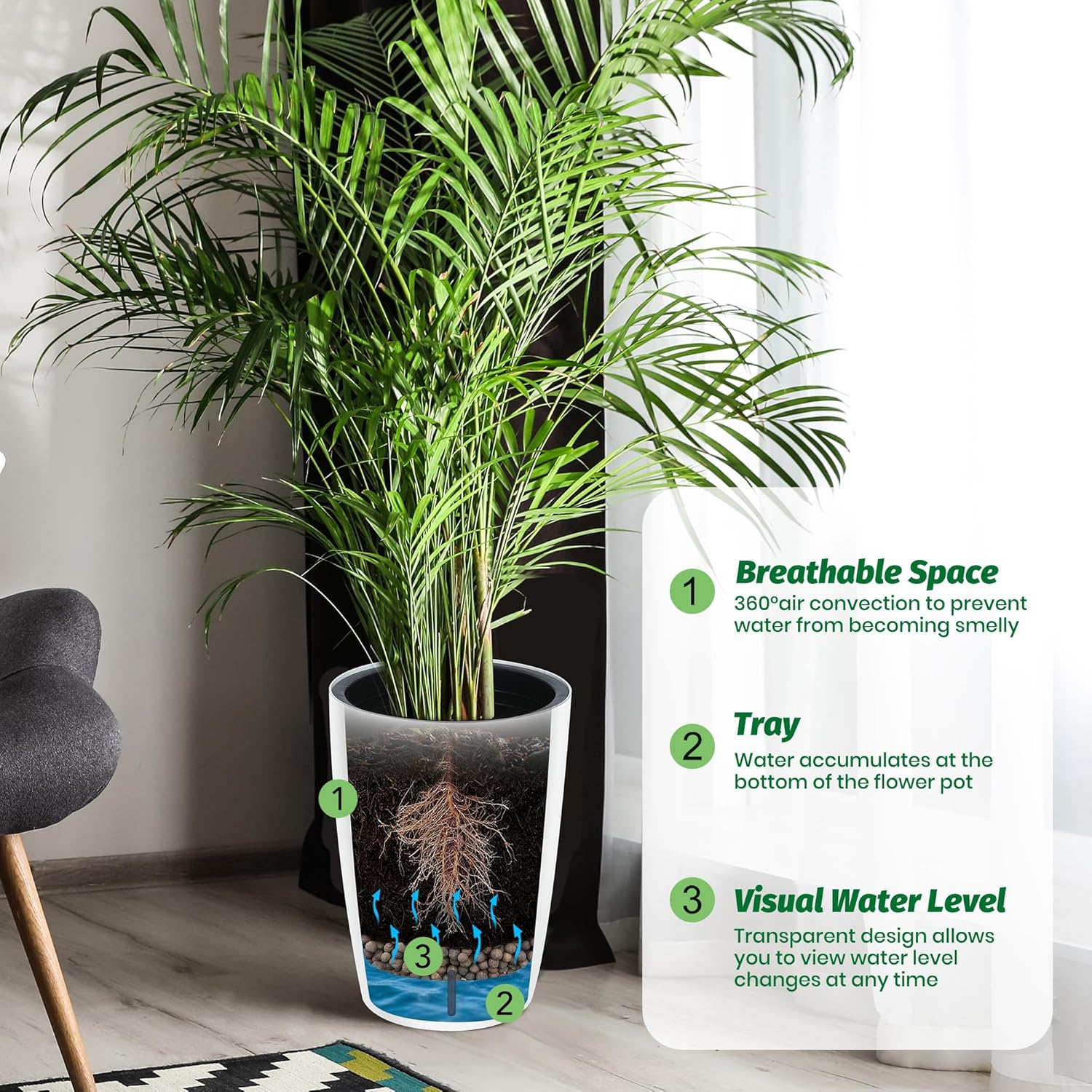 Riedhoff 15.7" Tall Round Planter Pots, Built-In Drainage, Self-Watering, 2 Count, White