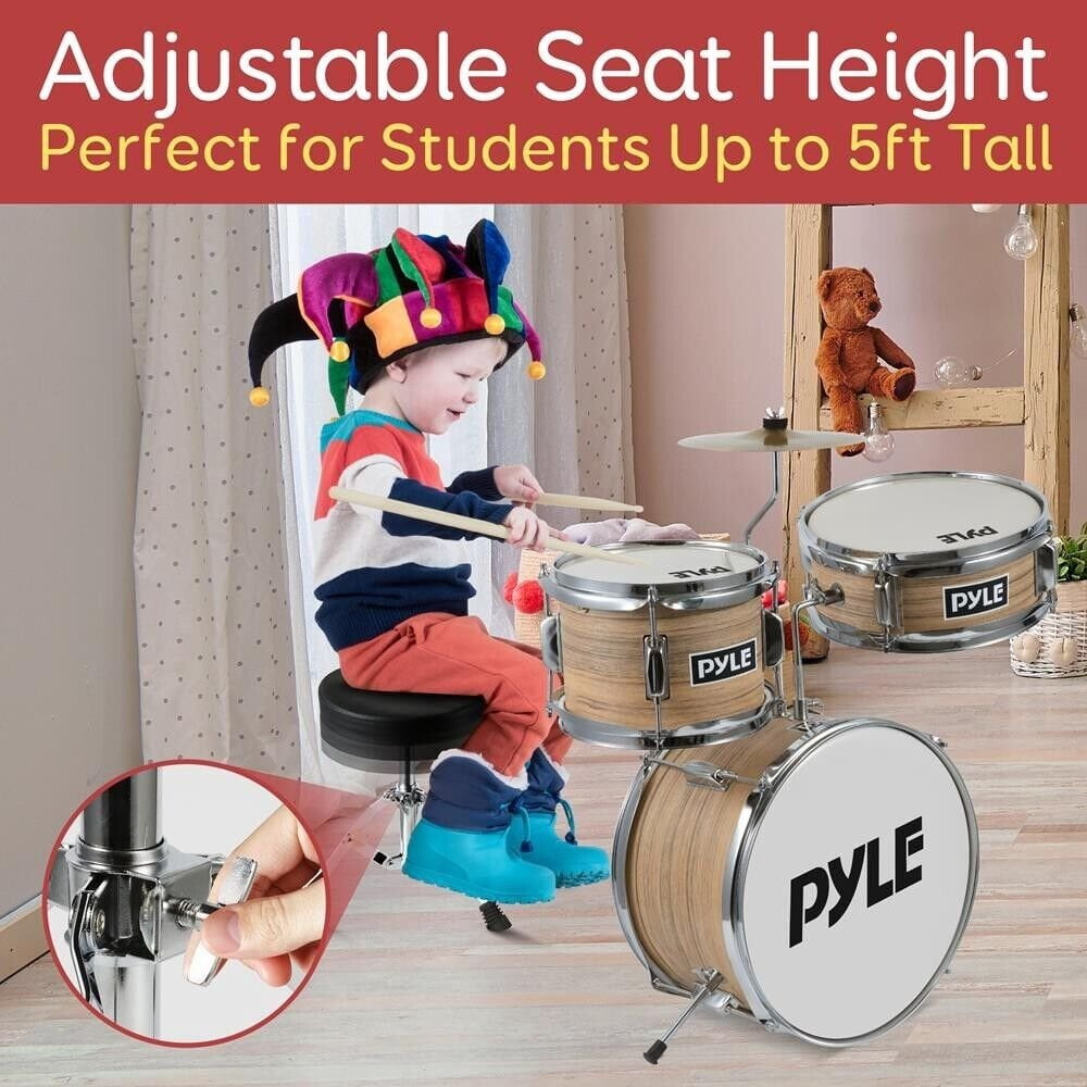 Pyle Set Ages 5-12-3 Piece Beginner Kids Drum Silencing Pads 13" Complete Junior Drummer Kit with Wooden Shells.
