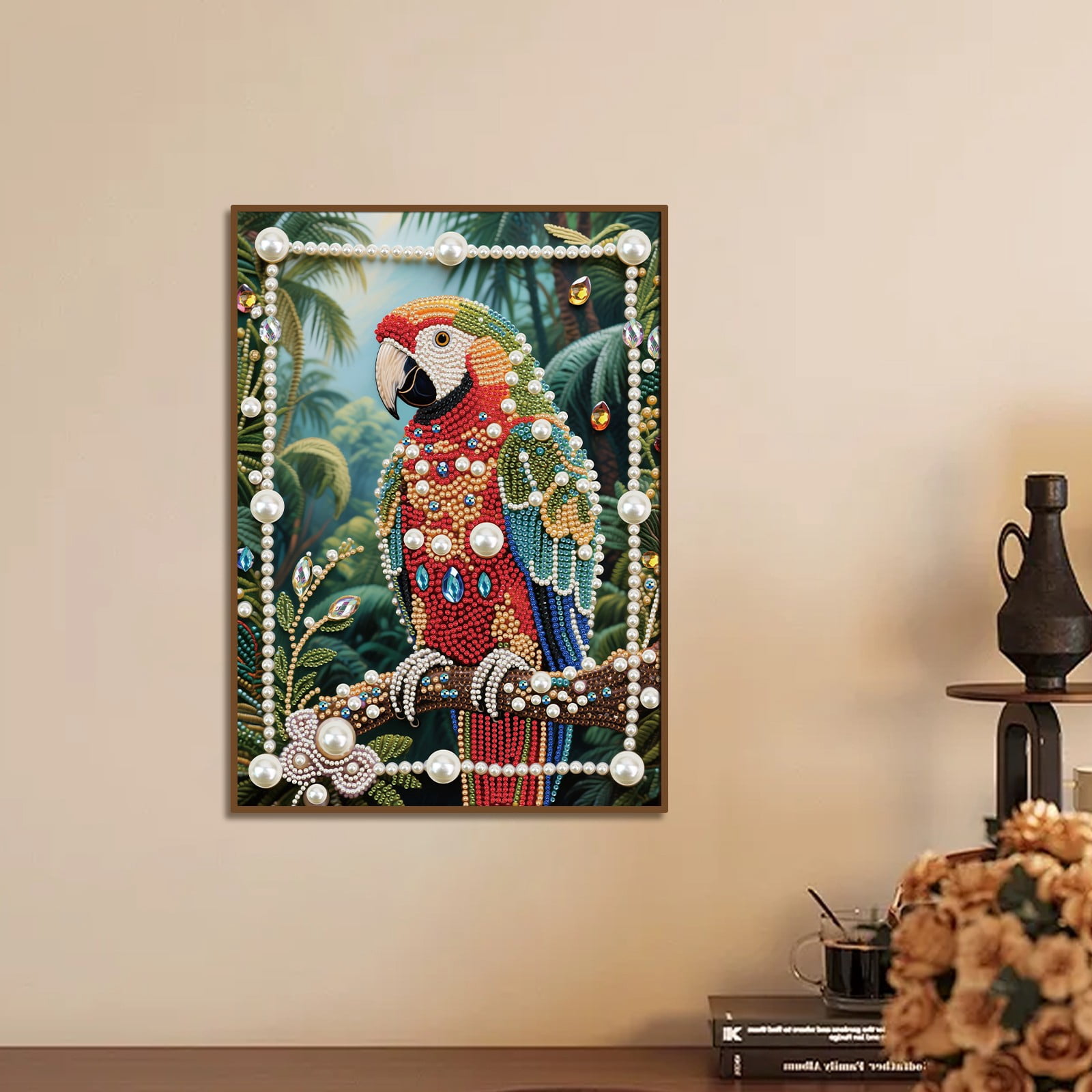 FLOPESN 4PCS Parrots DIY Gemstone Pearl Painting Kit - 9.84x13.78 Inch Frameless Colourful Canvas Art for Adults, Stress Relief Craft & Home Wall Decor