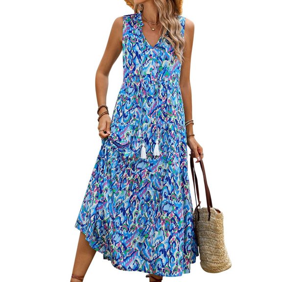 Women'S Maxi Dress Summer Sleeveless Bohemian Floral V Neck Tie Front Fringe Flowy Long Dress Vacation Beach Sundress Blue L