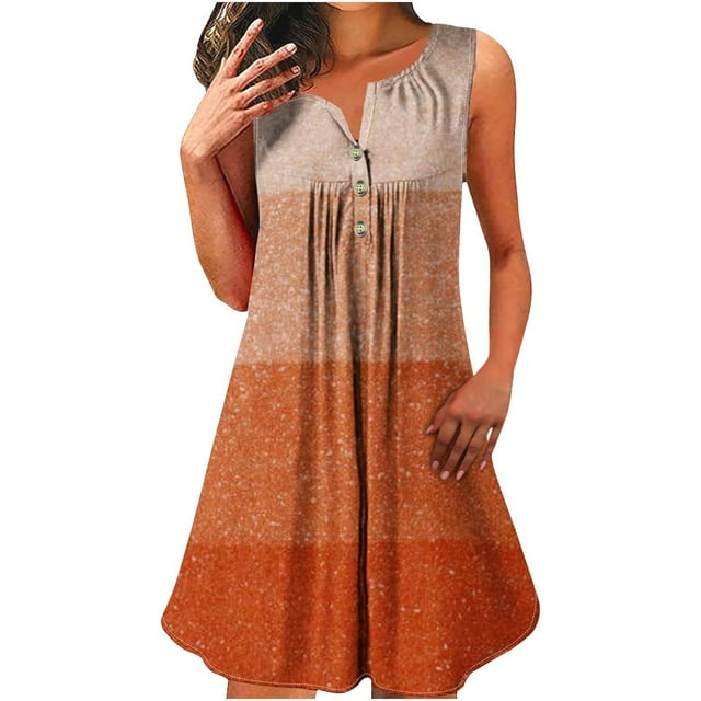 BEFOKA Robe Grande Taille pour Femmes, Robe d'Été en Liquidation pour Femmes, Robe Sans Manches à Col Rond Imprimé Coloré avec Boutons