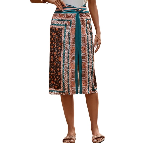 Women Print High-Waisted, Split-Hem Wrap Skirt Blue XL