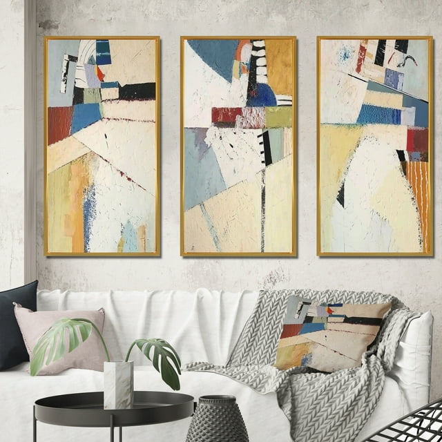 Designart « Réapparition Souvenirs Collage Rétro I » Peinture Abstraite Ensemble d'Art Mural Encadré de 3 – Ensemble de Toiles à Cadre Moderne Bleu pour Décor de Salon