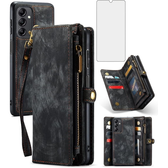Phone Case for Samsung Galaxy A14 5G Zipper Wallet Detachable Cover with Tempered Glass Screen Protector and Leather Flip Credit Card Holder TPU Cell Accessories A 14 4G 14A G5 Women Men Black