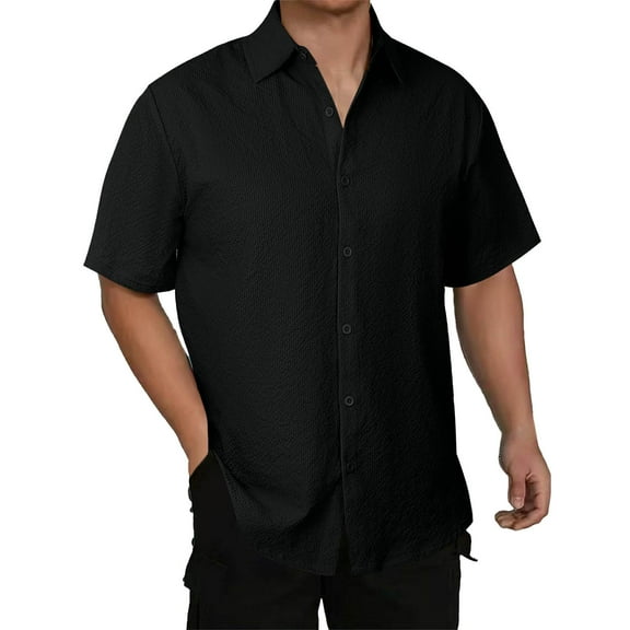 ohmzyzo Mens Linen Shirts Causal Short Sleeve Button Down Shirts Summer Lapel Collar Beach Vacation Business Shirt