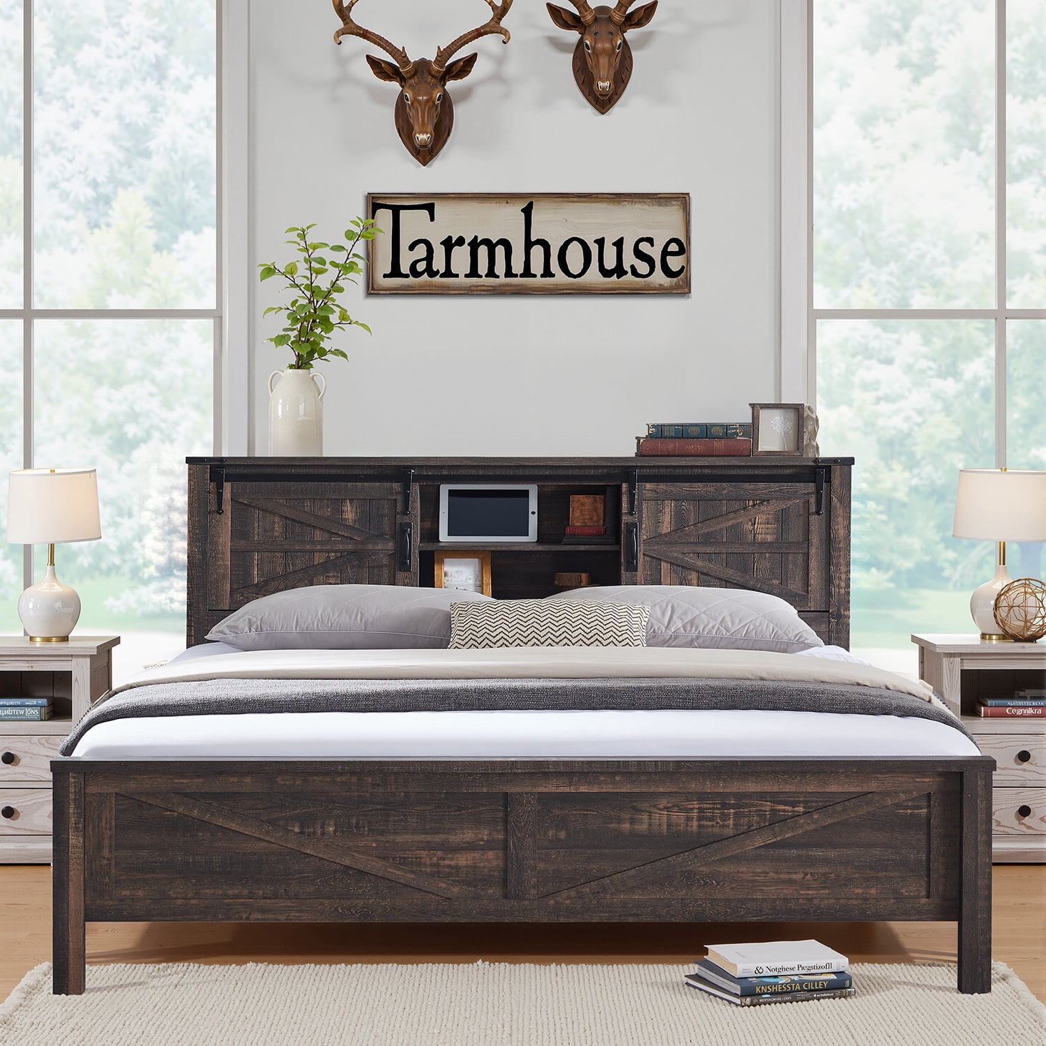 OKD Modern Farmhouse King Platform Bed with Bookcase Headboard Storage and Charging Station, No Box Spring Needed, Dark Rustic Oak
