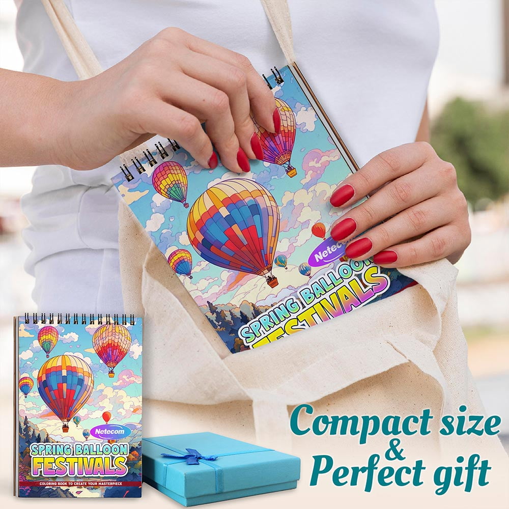 Netecom Spring Balloon Festivals Coloring Book Spiral Bound For Adults, A5 Wooden Cover, 30 Joyful Coloring Pages of Festivals in the Sky for Stress Relief and Relaxation