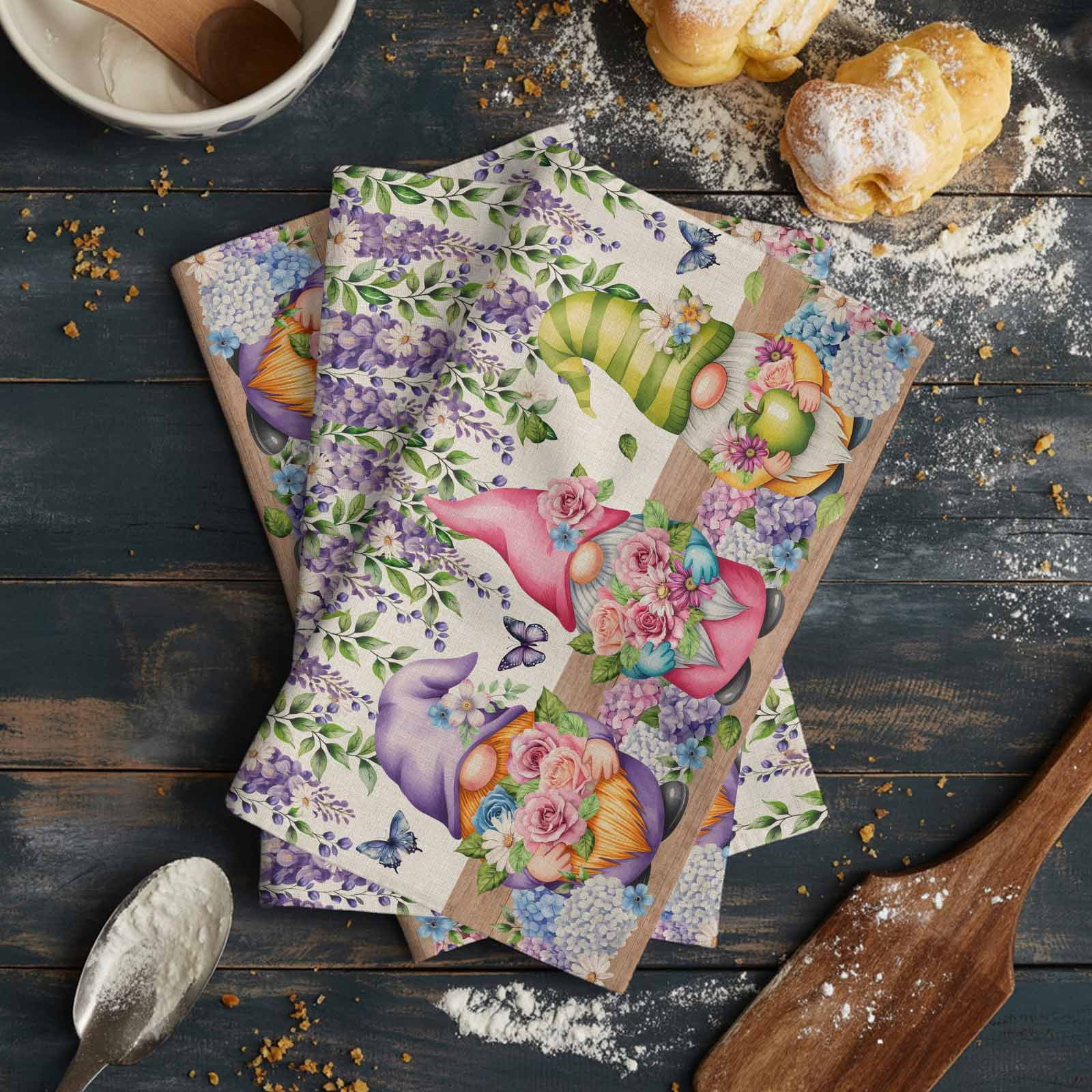Blue Purple Gnomes 1 Pack Kitchen Towel, Water Absorbent Dish Towel, Spring Vintage Hydrangea Flower Leaf Decorative Hand Towels - Quick Drying Cloth for Cooking Baking, 18x28 Inch