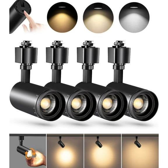 VANoopee 3-Color Zoomable LED Track Lighting Heads H Type Track Light Heads Bright Spotlight Fixtures for Kitchen, 3000K 4000K 5000K Adjustable, 15°-55°, CRI90  10W Black - 4 Pack(Not Dimmable)