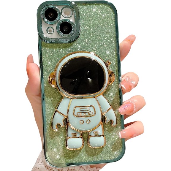 Compatible for iPhone 13 Bling Plating Astronaut Hidden Stand Case, Cute 6D Stand Glitter Phone Case for Women Girls Soft TPU Shockproof Back Cover - Green