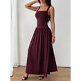 thumbnail image 5 of Petite Womens Maroon Solid Square Neck Ruched Flared Maxi Dress For Spring Summer, 5 of 8