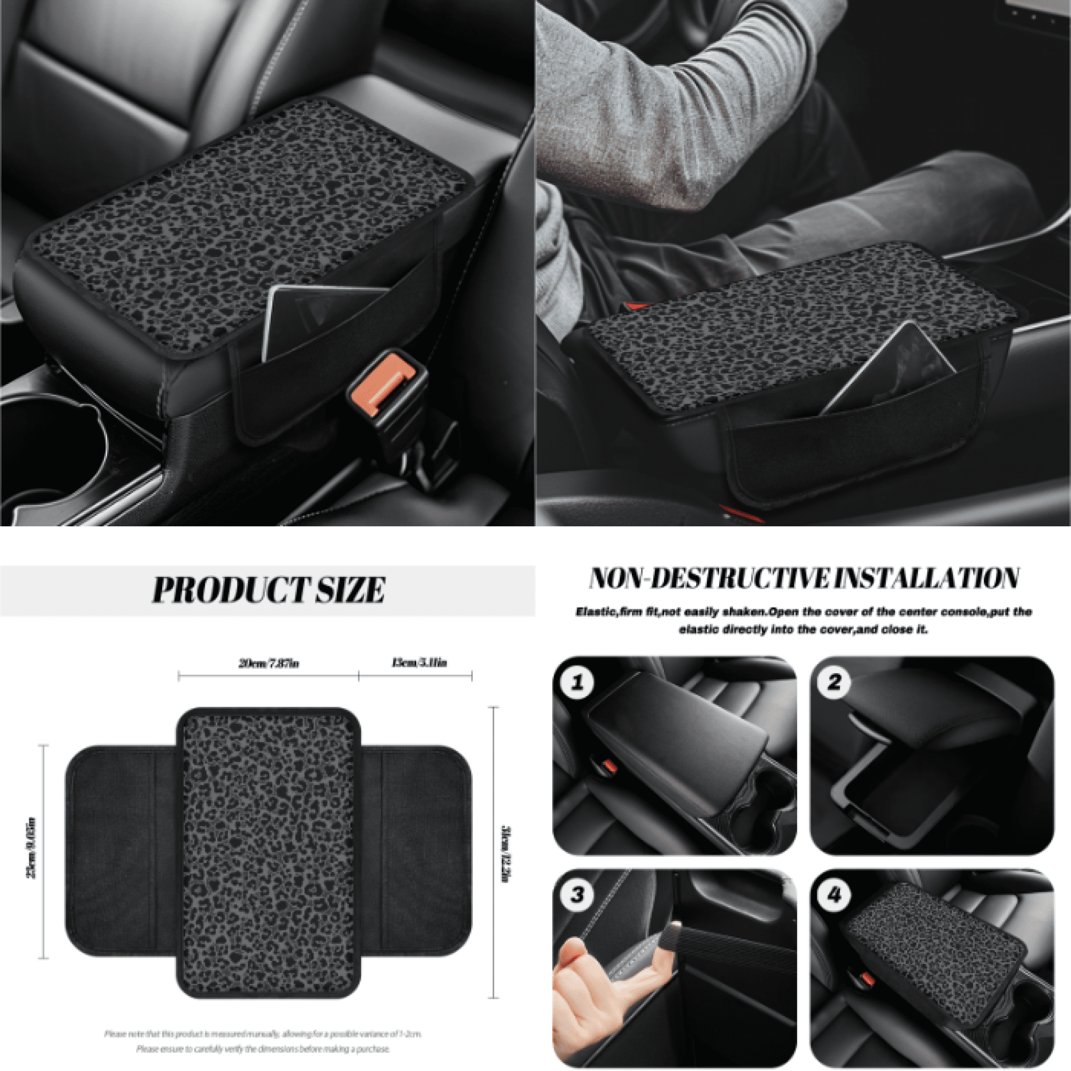HUIACONG Black Leopard Print Pattern Car Accessories Full Set, with Car Seat Belt Pad Armrest Cushion Car Safety Strap Cover Car Cup Holder Mats