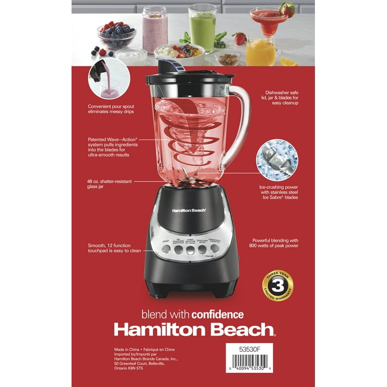 Hamilton Beach Wave Action Quiet Blender, 48 oz. Glass Jar, 12 Blending Functions, Black, New, 53530f