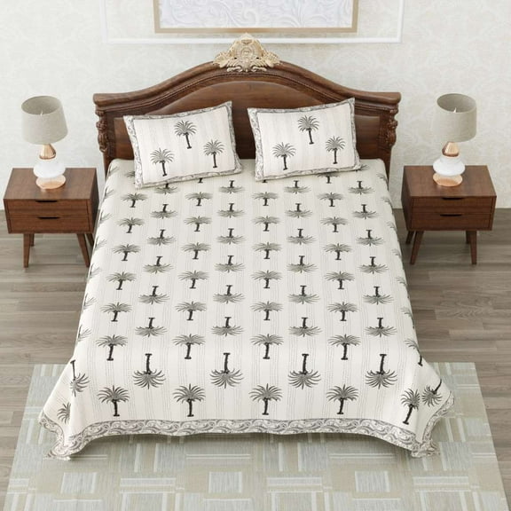 Indian Ethnic Block Print Full Size Flat Sheet Pastel Color Cotton Bedsheet With 2 Pillow Case Floral Grey- 90x108"