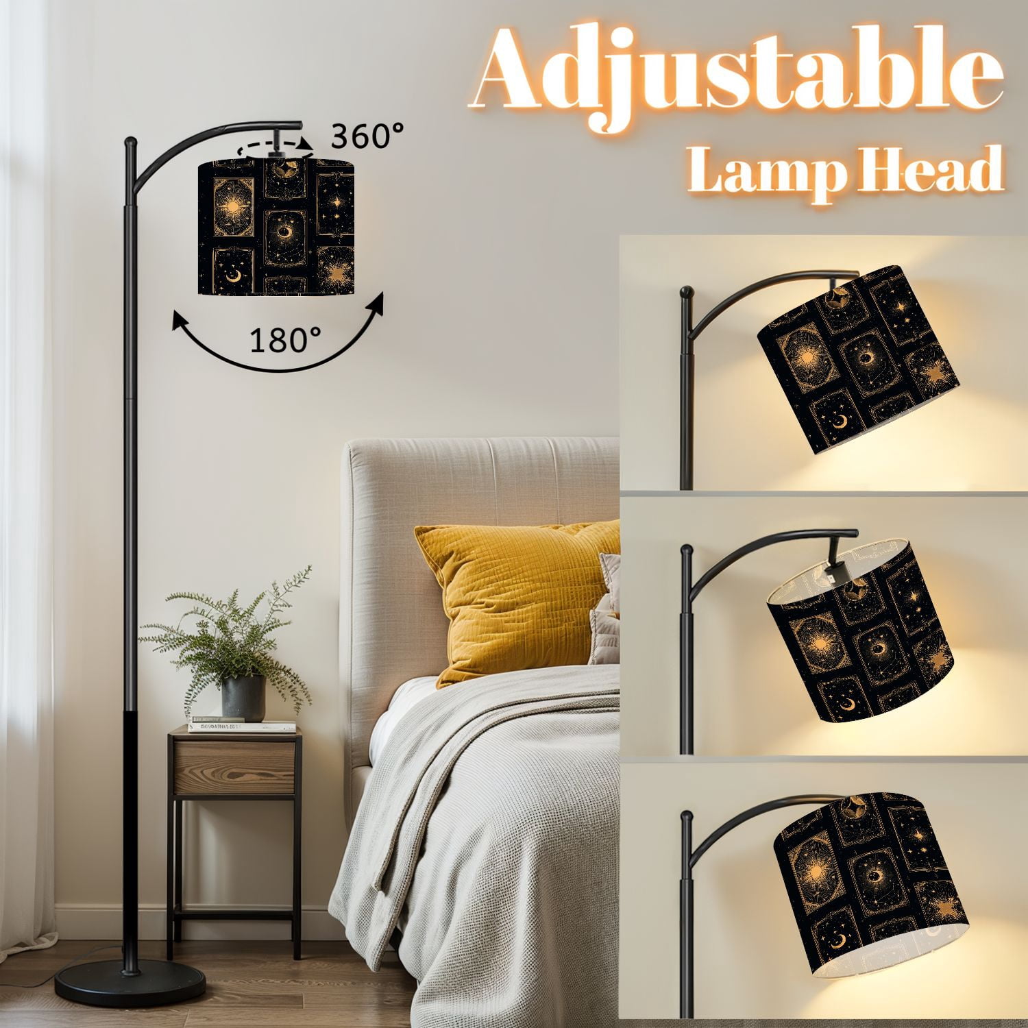 Arc Floor Lamp with Adjustable Lampshade Celestial Sun Moon Stars Gold Black Mystical Standing Lamp 3 Color Temperatures Dimmable Tall Pole Lamp with Foot Switch for Bedroom Reading Room