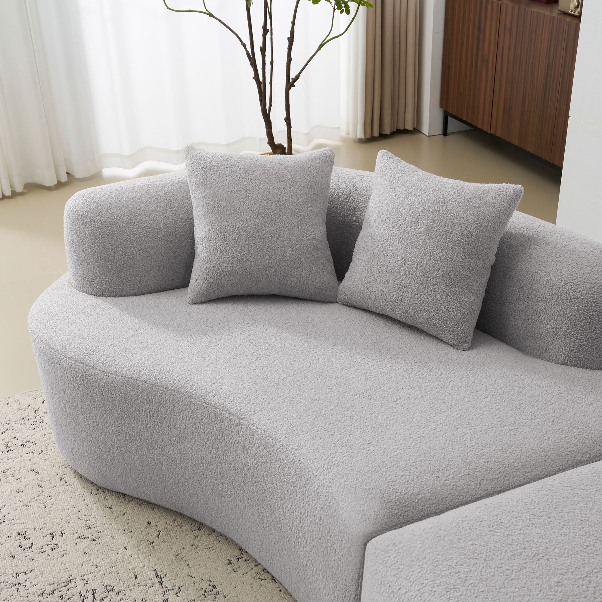 MAYEERTY Curved 4-Seat Compressed Sectional Sofa, Teddy Velvet Modular Couch with Throw Pillows, High Density Foam & Spring Filled No-Assembly Sofa for Living Room Apartment Small Spaces