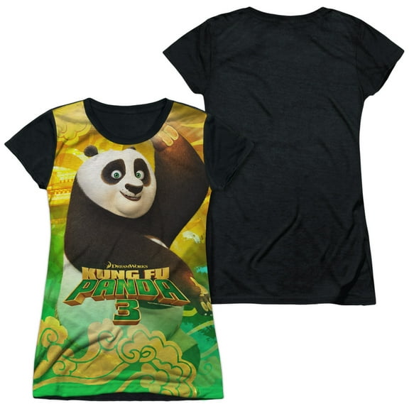 Kung Fu Panda - Po And Friends - Juniors Teen Girls Black Back Sleeve Shirt - Medium