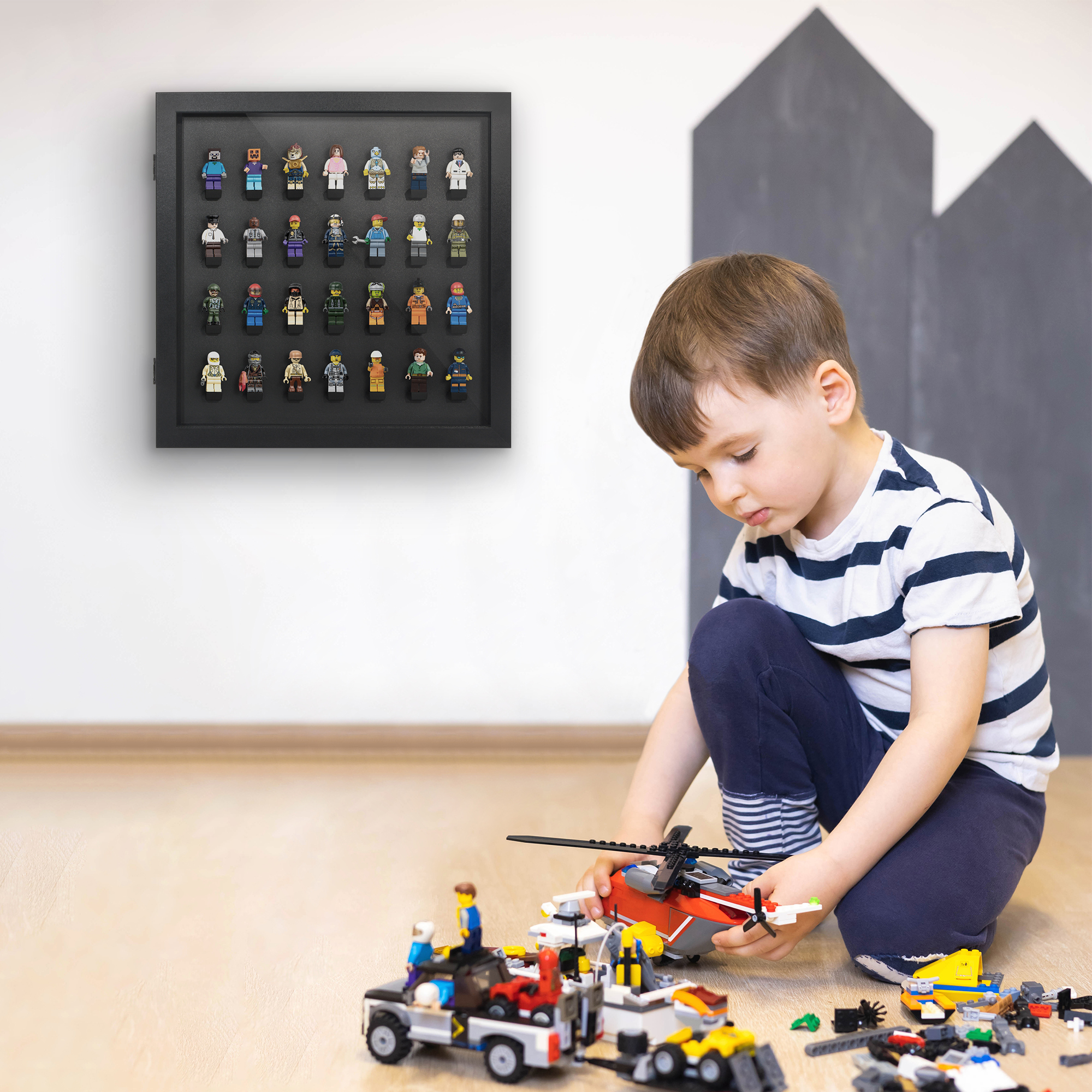 Americanflat 14x14 Minifigure Display Case with Polished Plexiglass Holds Minifigures Silhouette Wall - Black